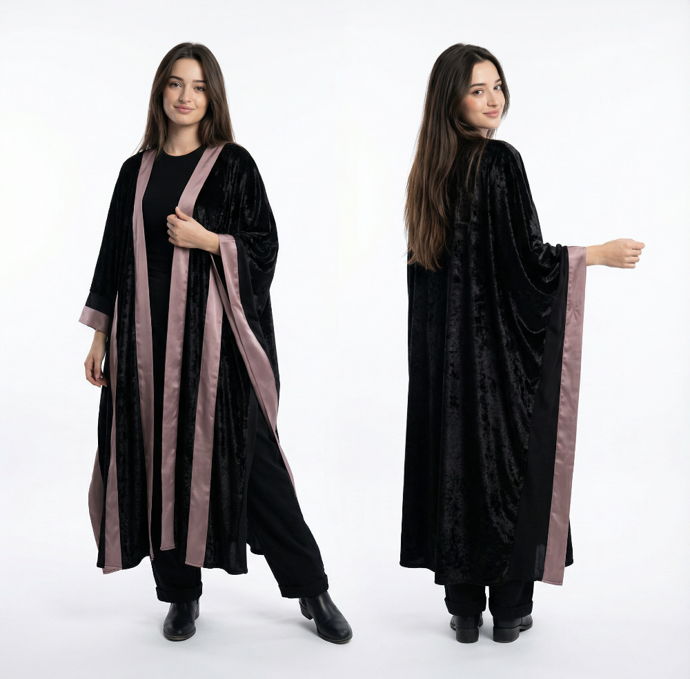 Woman wearing a black abaya with pink accents, shown from front and side views on a white background.
