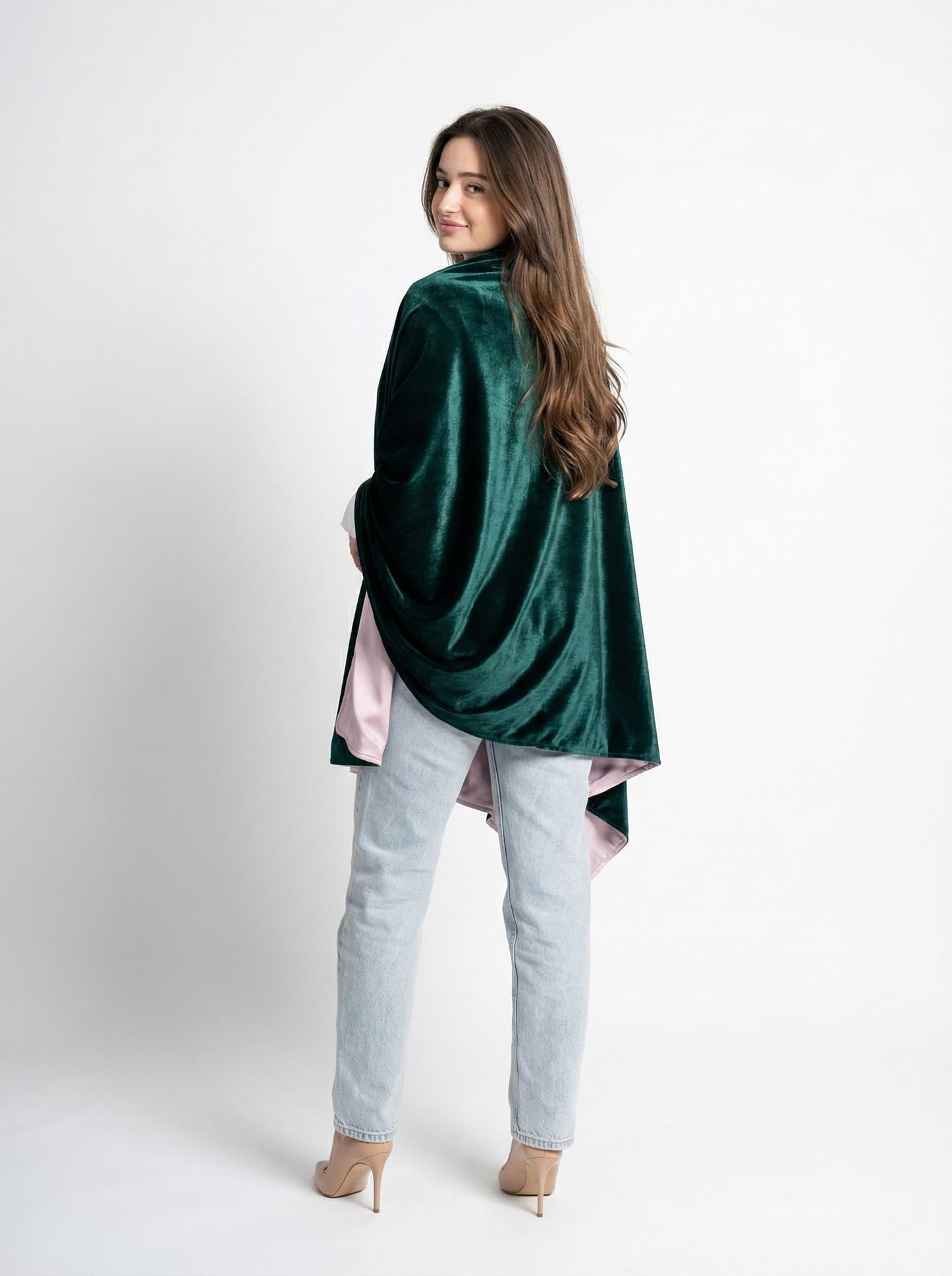 Velvet Harmony Shawl - Emerald Green x Dusty Pink