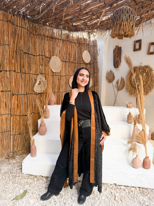 Majesty Trim Velvet Kimono - Black x Camel