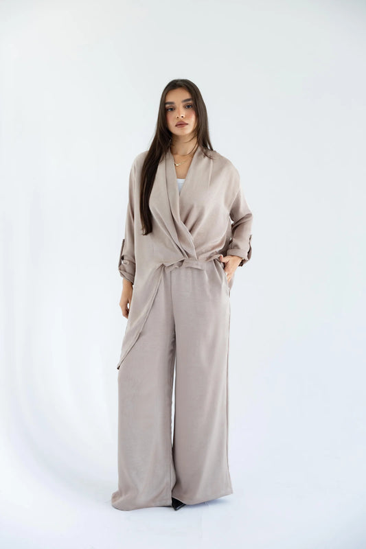 Sand beige satin wrap top and wide-leg trousers - full length
