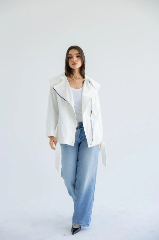 Off-white fringe biker jacket with light-wash jeans - full length