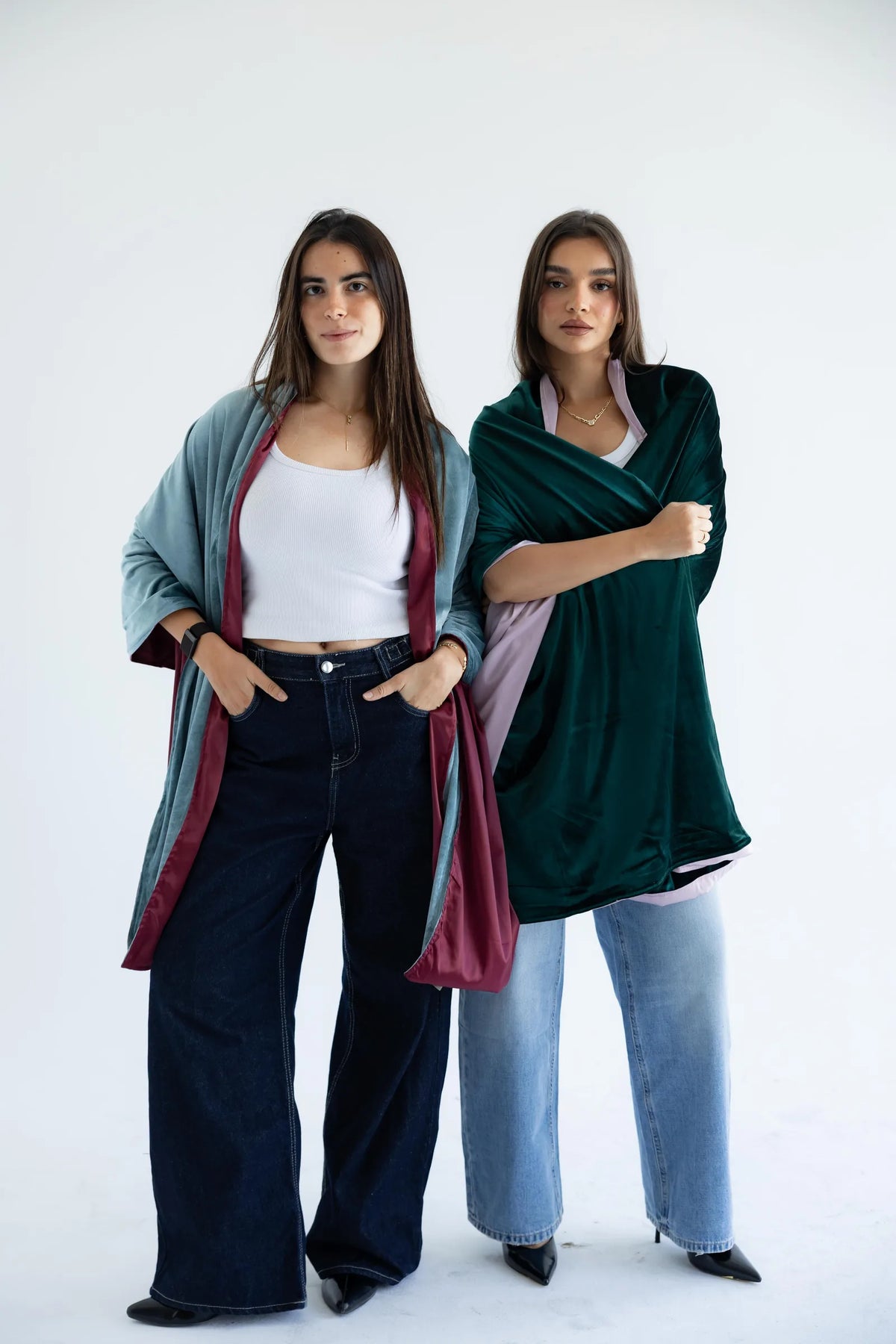 PIA velvet shawls in sage x wine and emerald x dusty pink