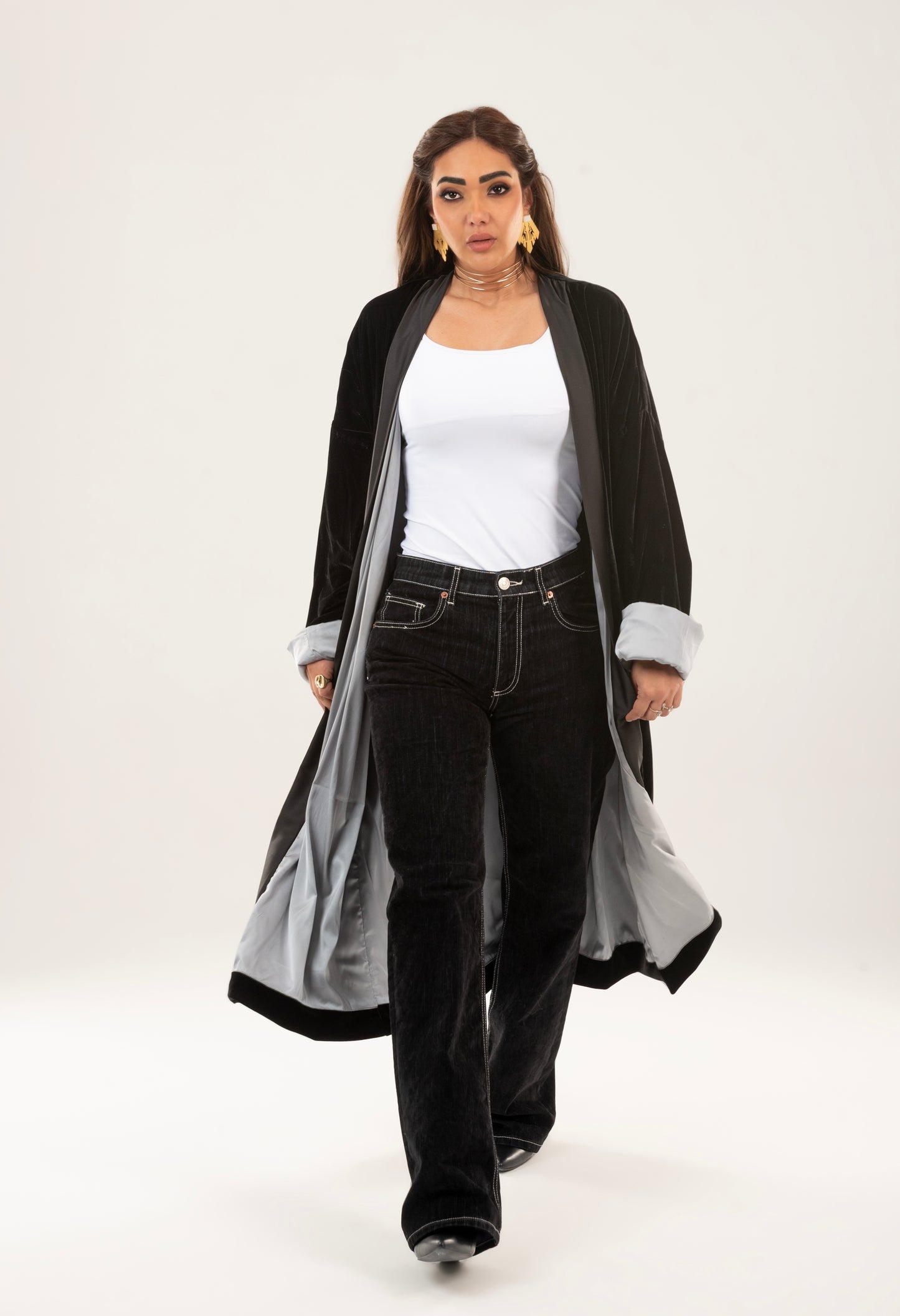 Velvet satin lining kimono - Silver