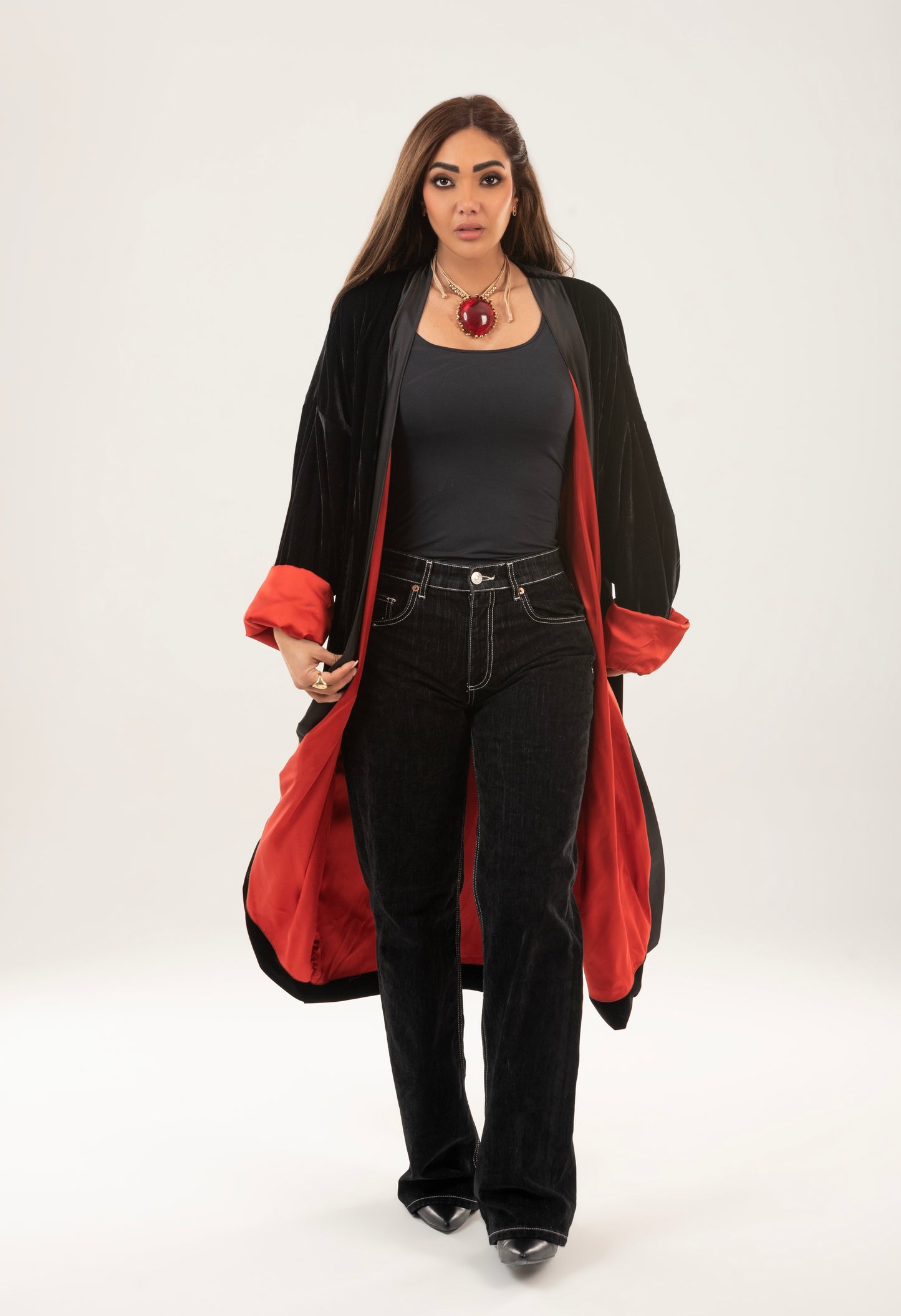 Velvet satin lining kimono - Red