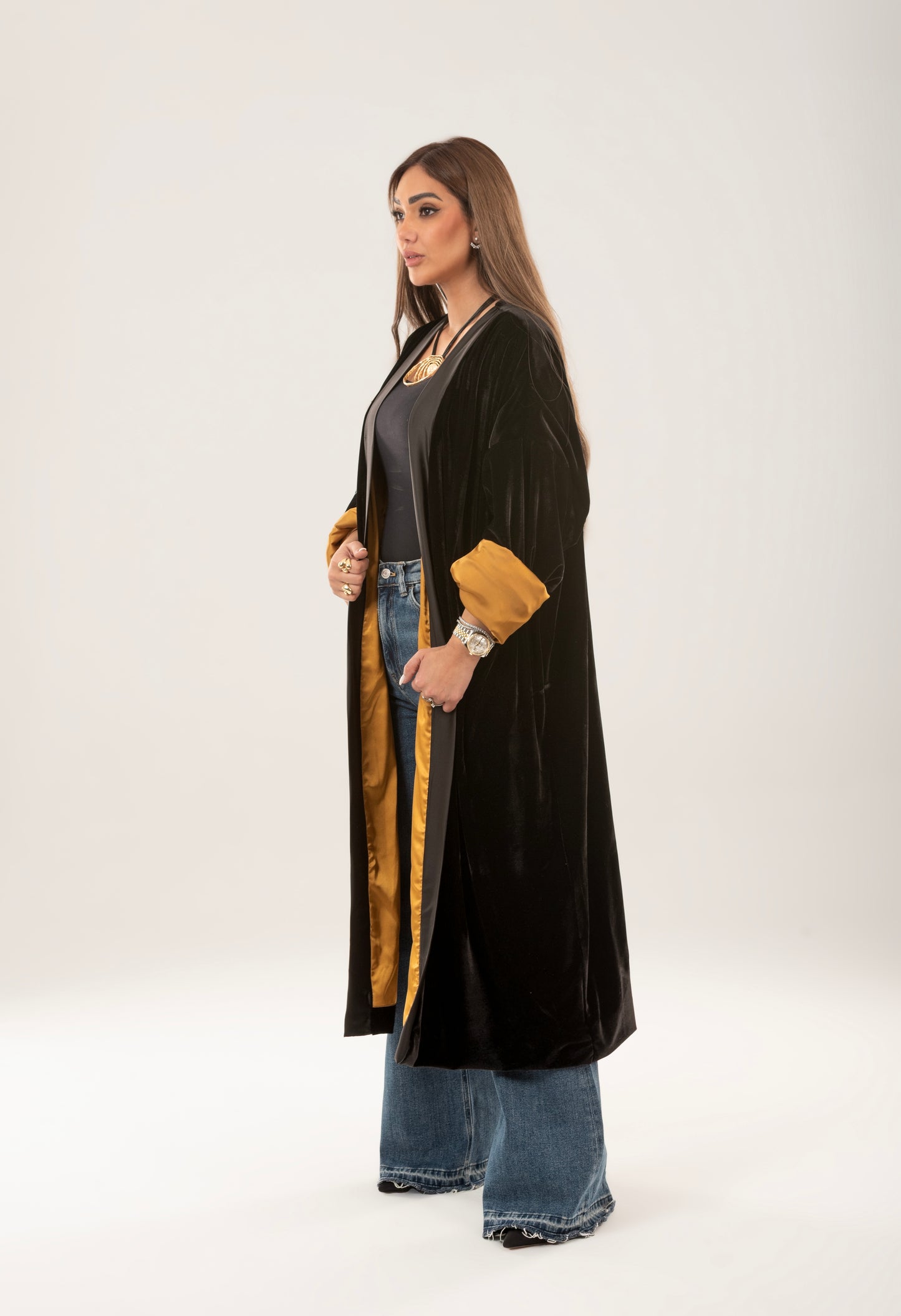 Velvet satin lining kimono - Gold