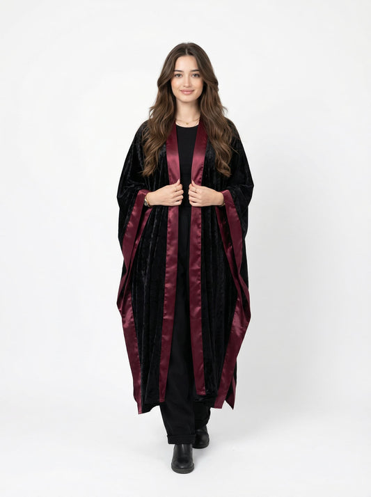 Majesty Trim Velvet Kimono - Black x Burgundy