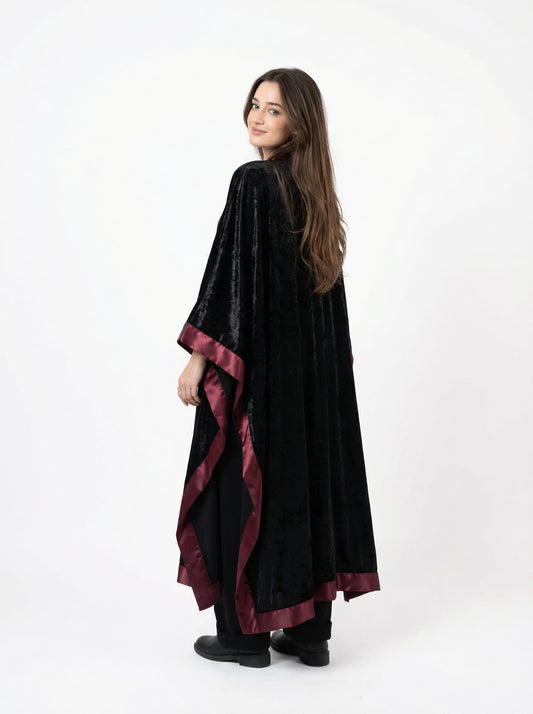 Majesty Trim Velvet Kimono - Black x Burgundy