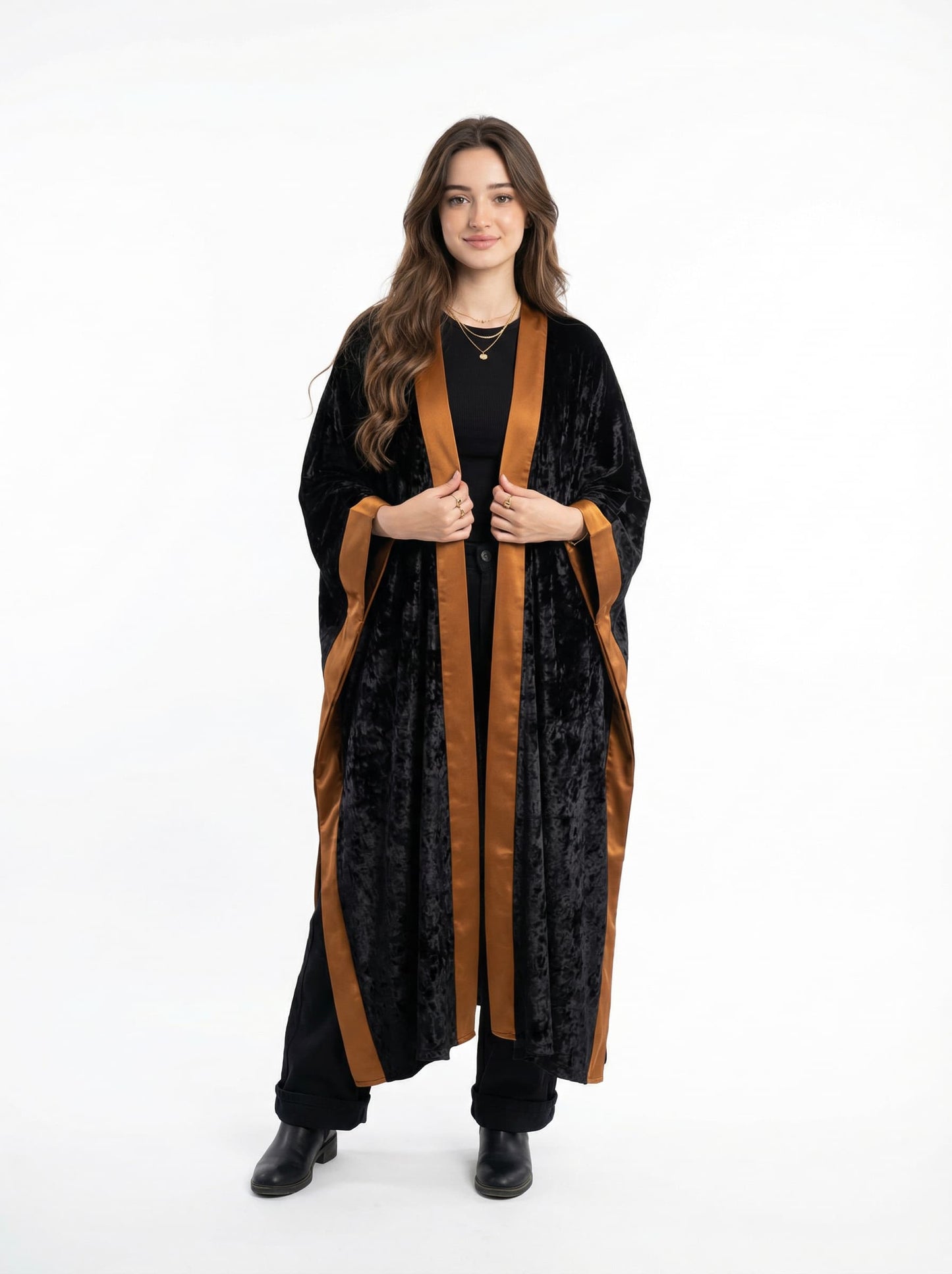 Majesty Trim Velvet Kimono - Black x Camel