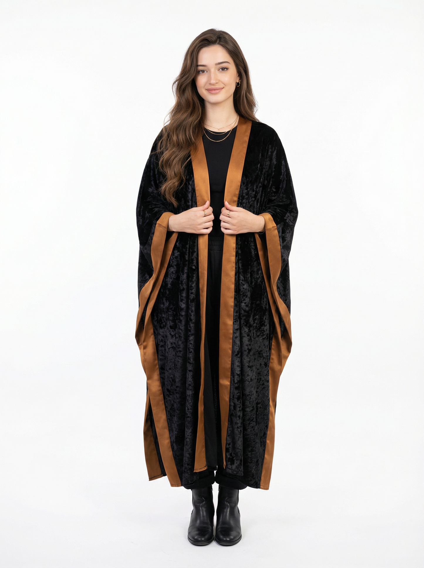 Majesty Trim Velvet Kimono - Black x Camel