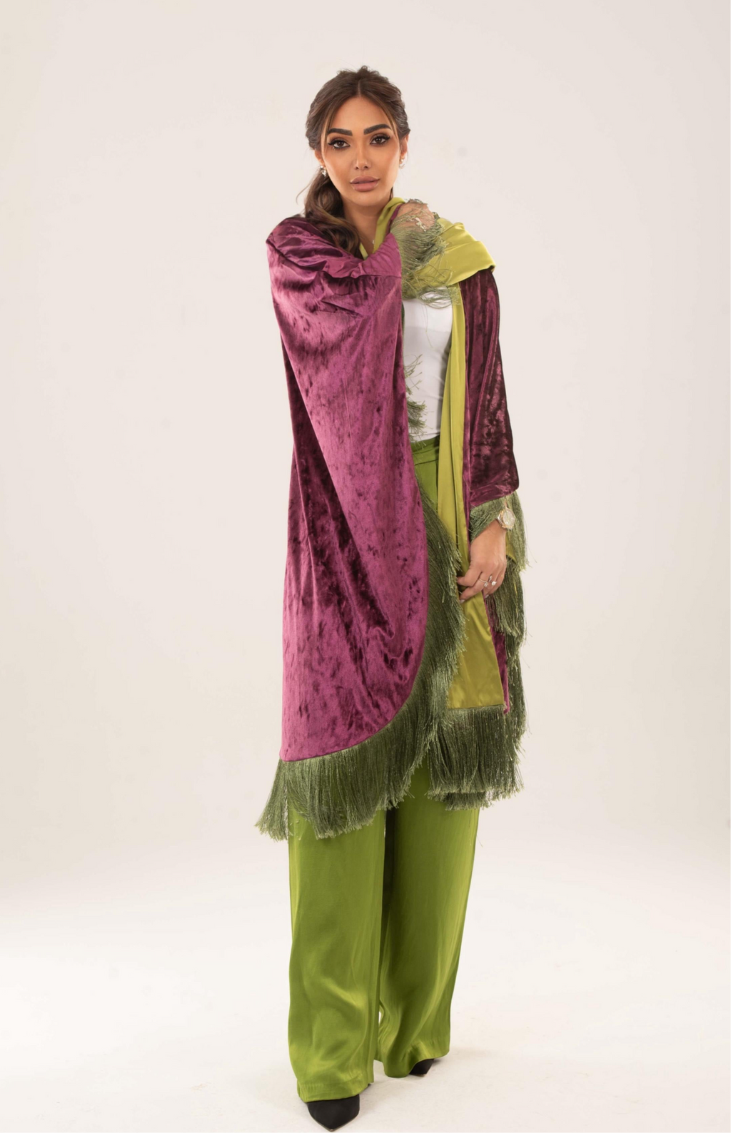 Velora Fringed velvet satin cape