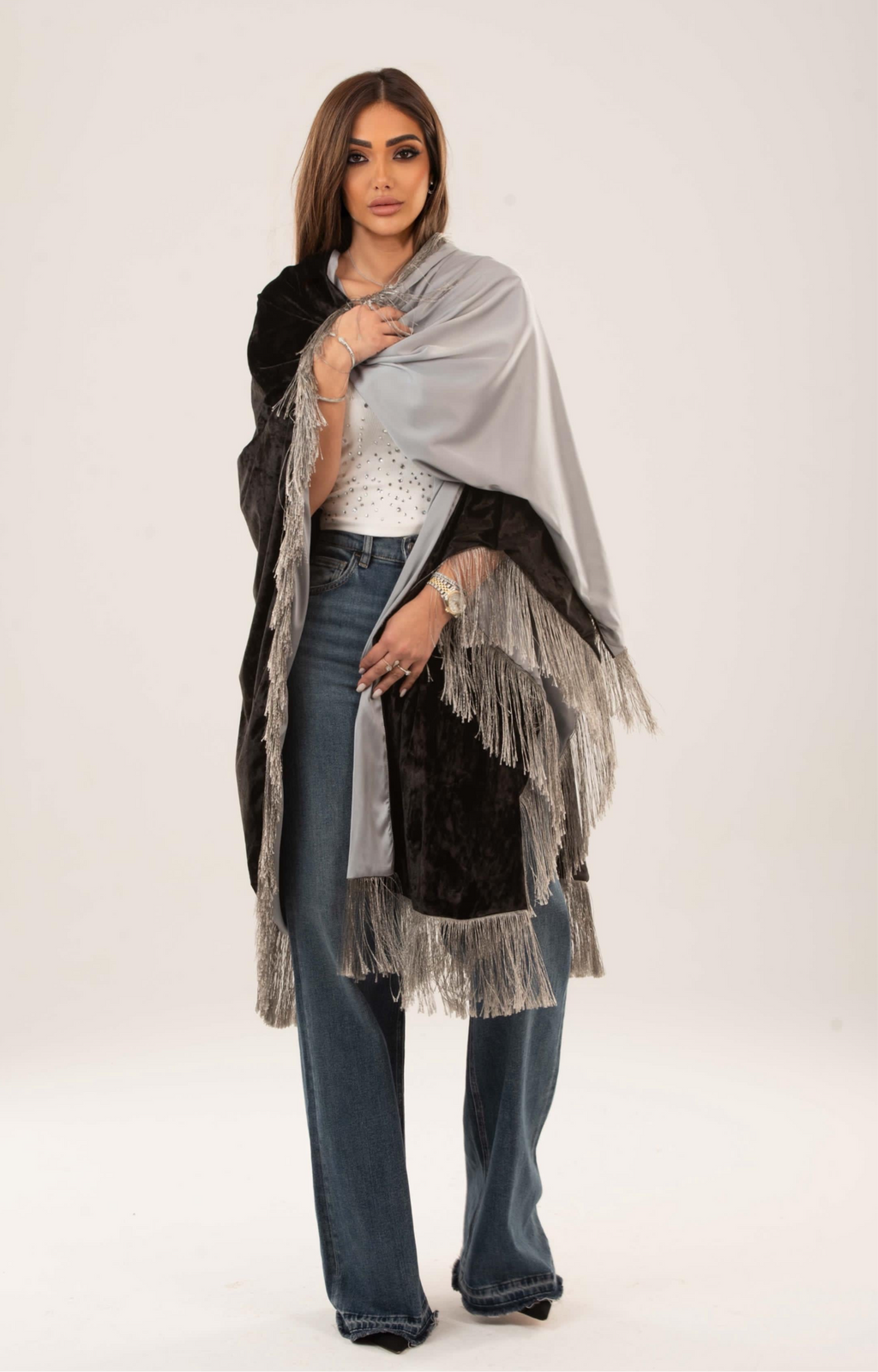 Velora Fringed velvet satin cape