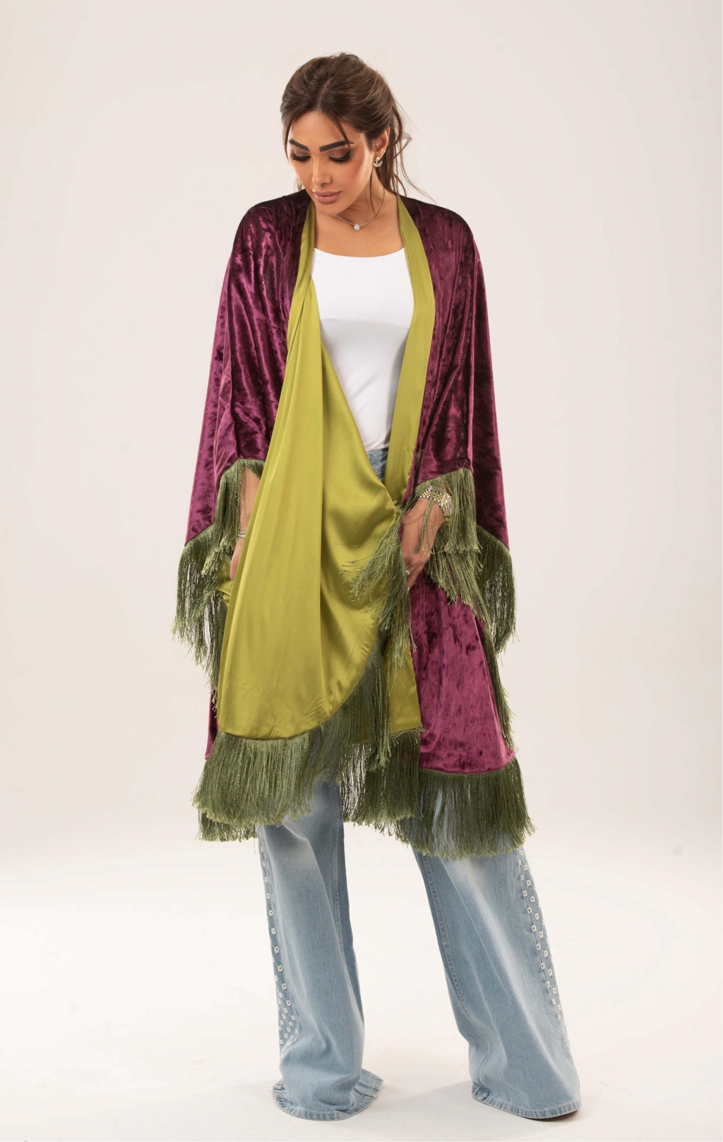 Velora Fringed velvet satin cape