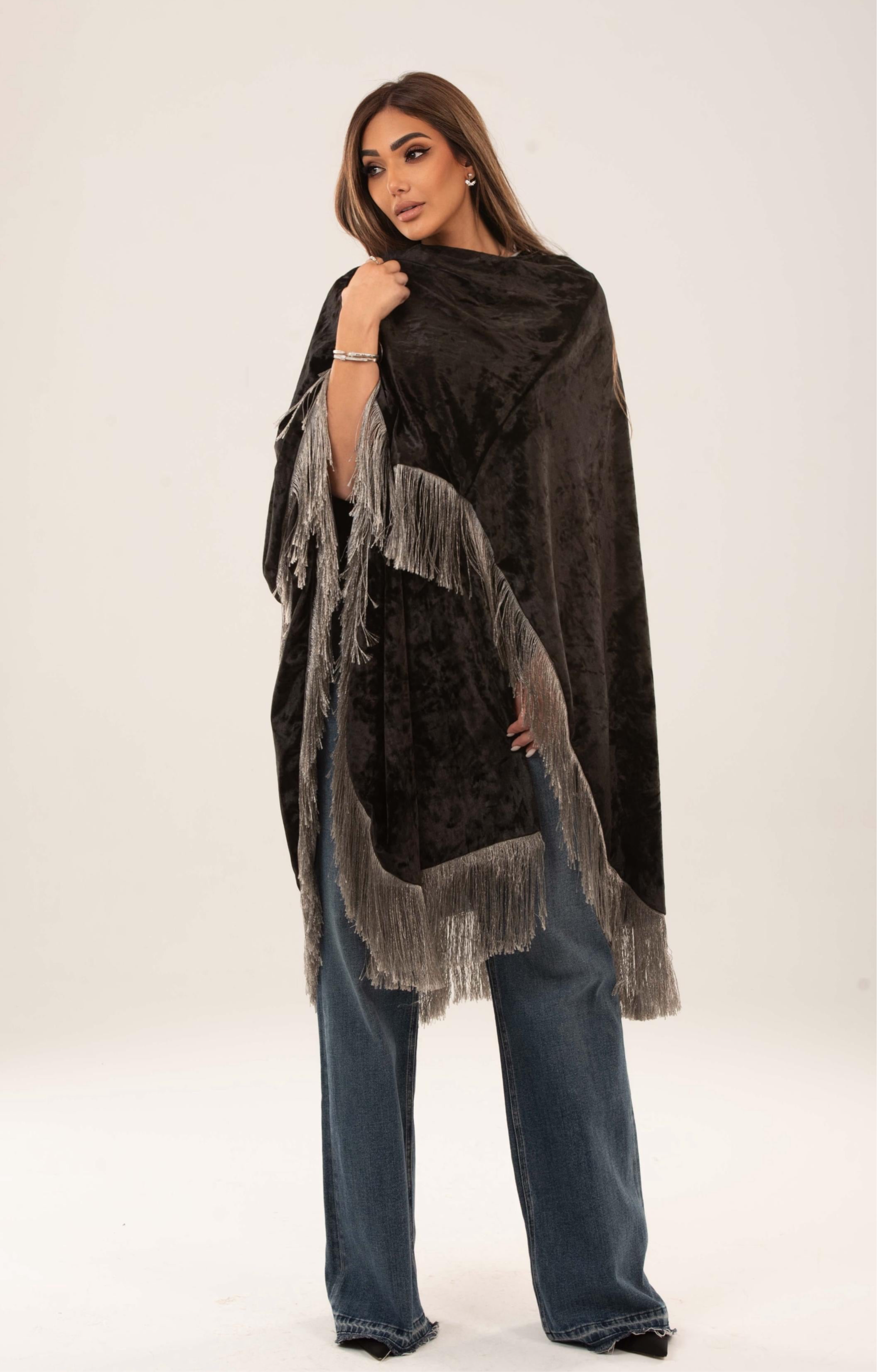 Velora Fringed velvet satin cape