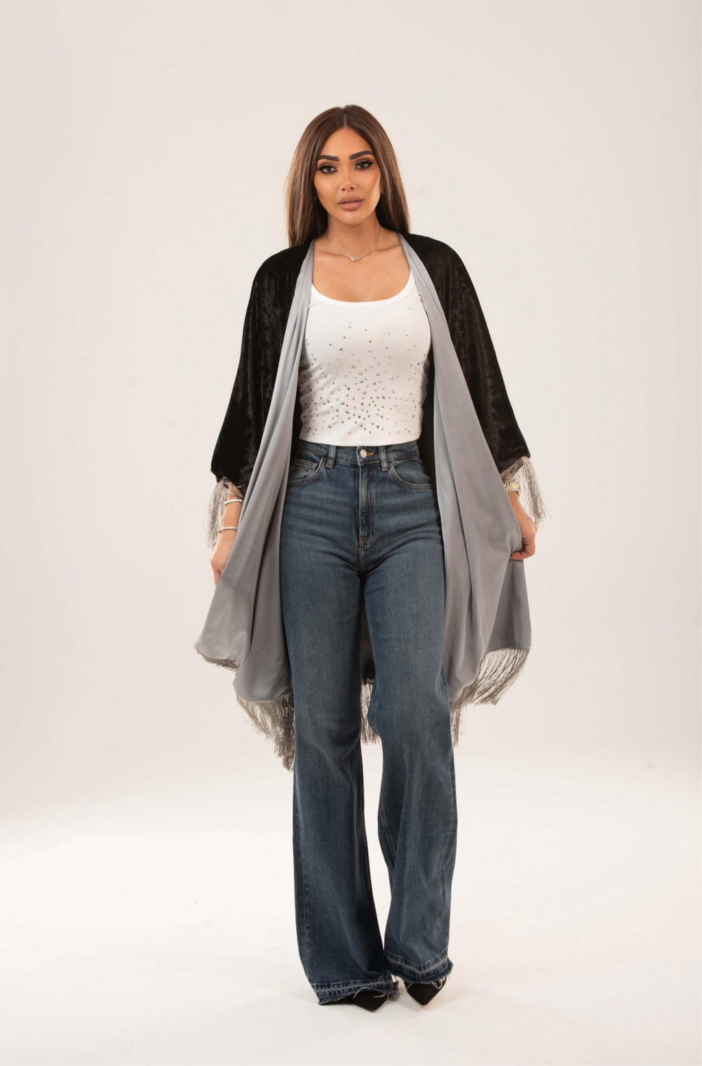 Velora Fringed velvet satin cape