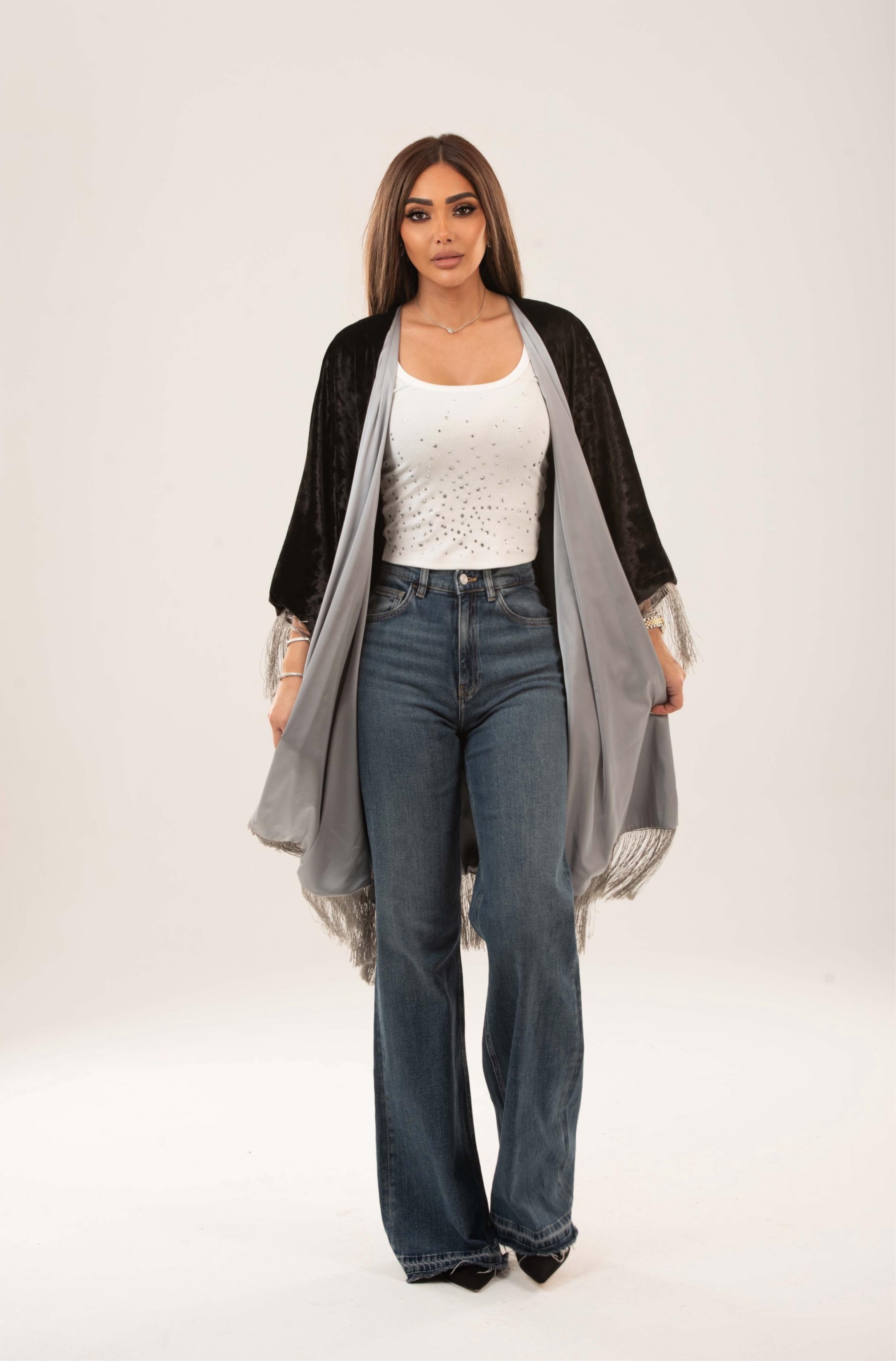 Velora Fringed velvet satin cape