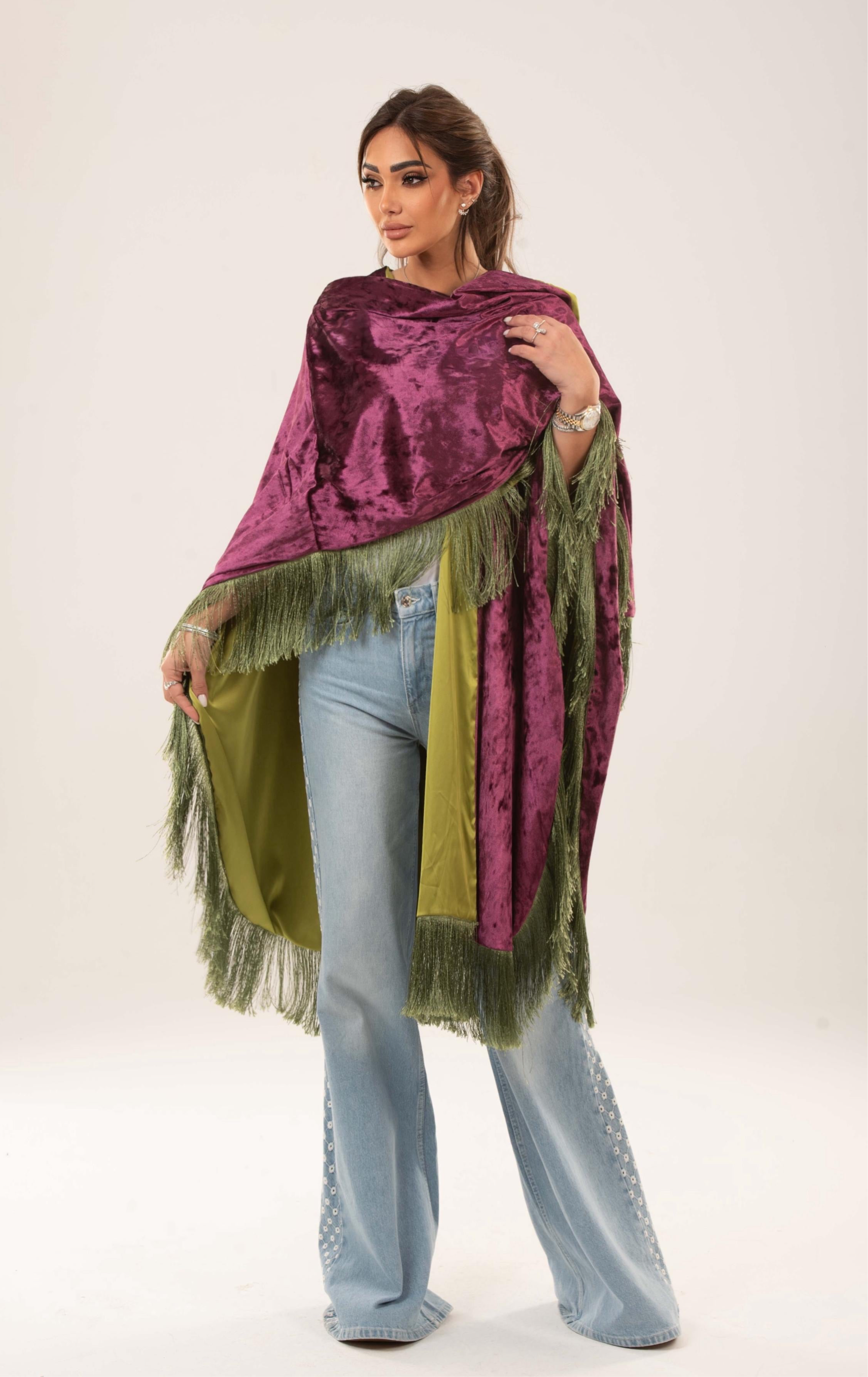 Velora Fringed velvet satin cape