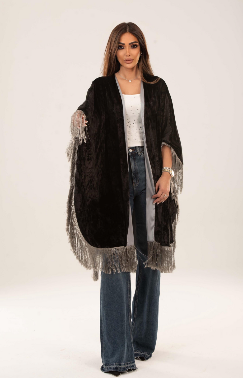 Velora Fringed velvet satin cape