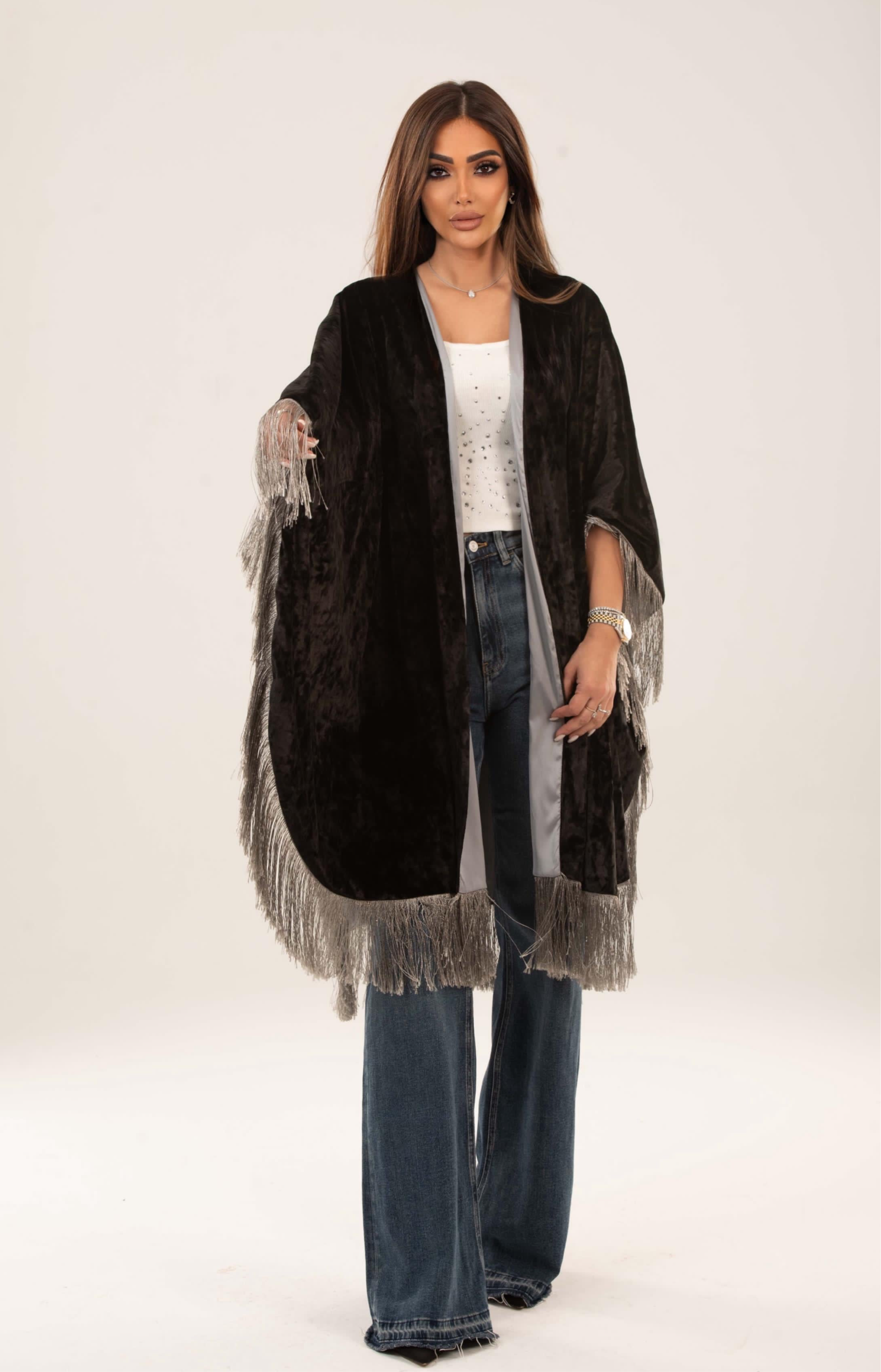 Velora Fringed velvet satin cape
