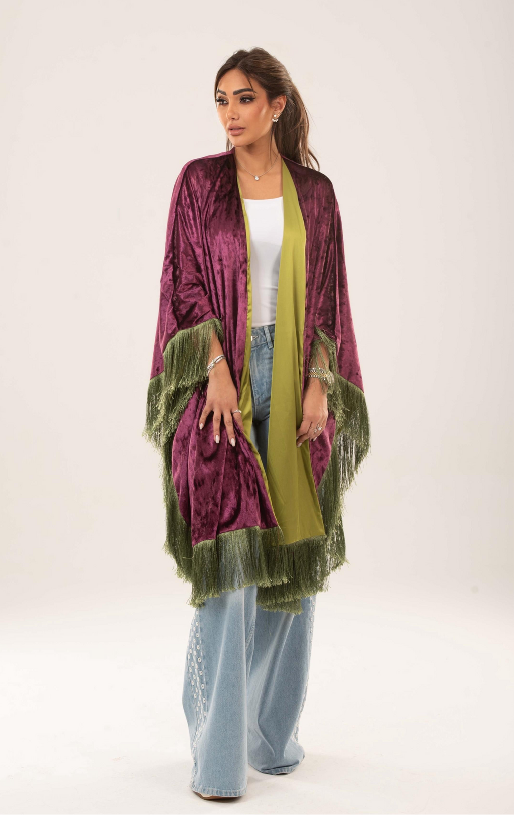 Velora Fringed velvet satin cape