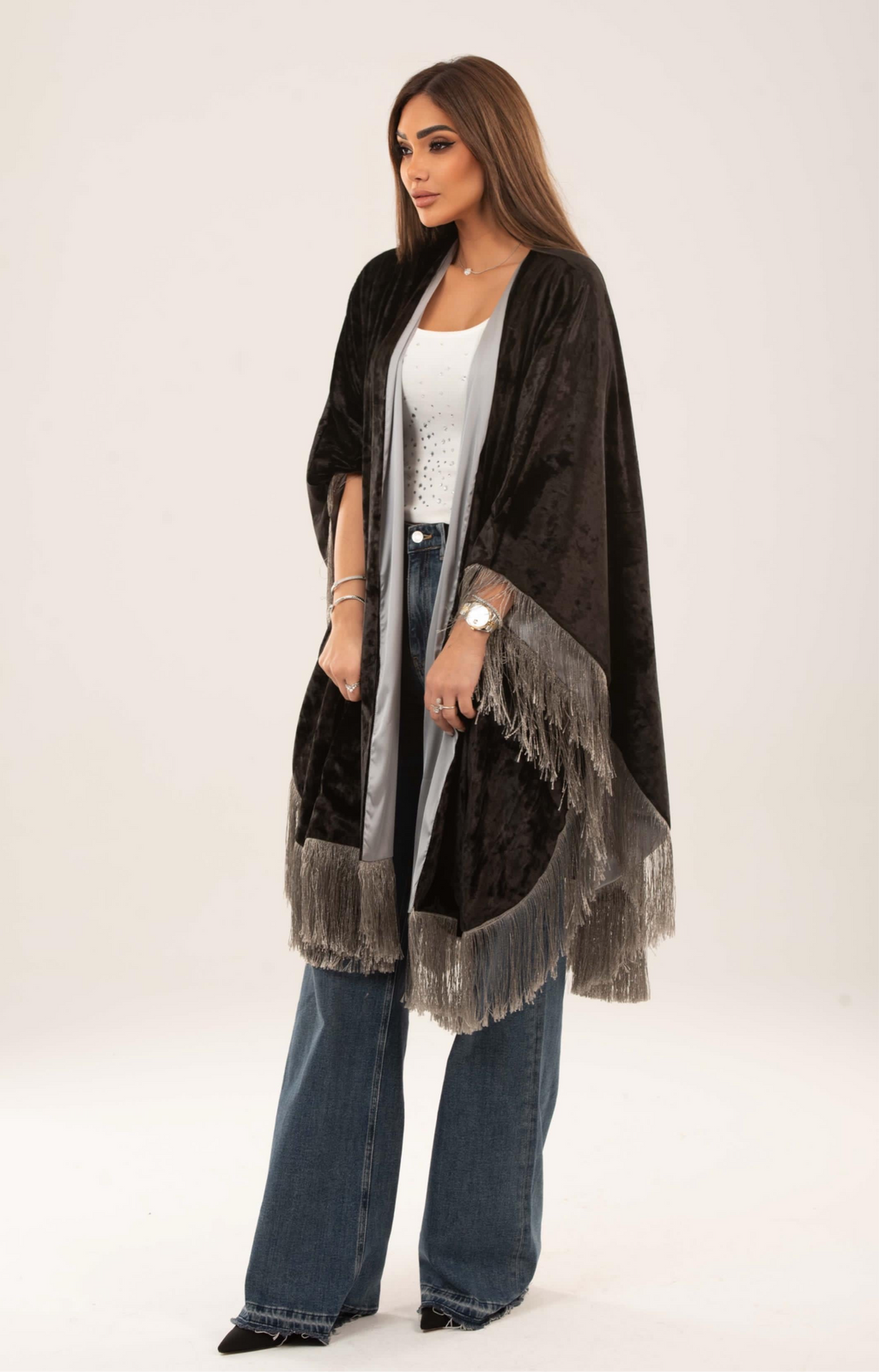 Velora Fringed velvet satin cape