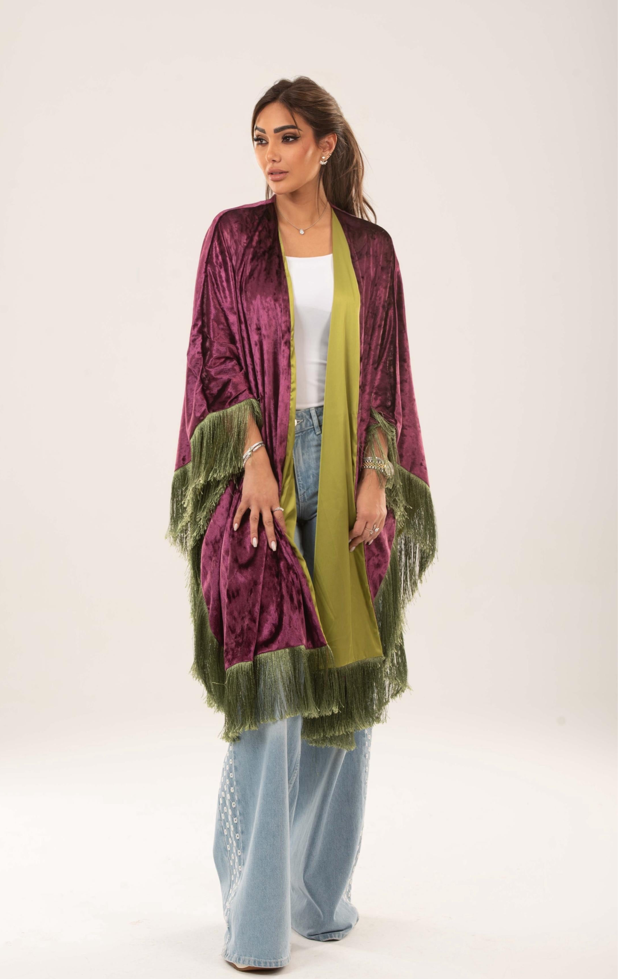 Velora Fringed velvet satin cape