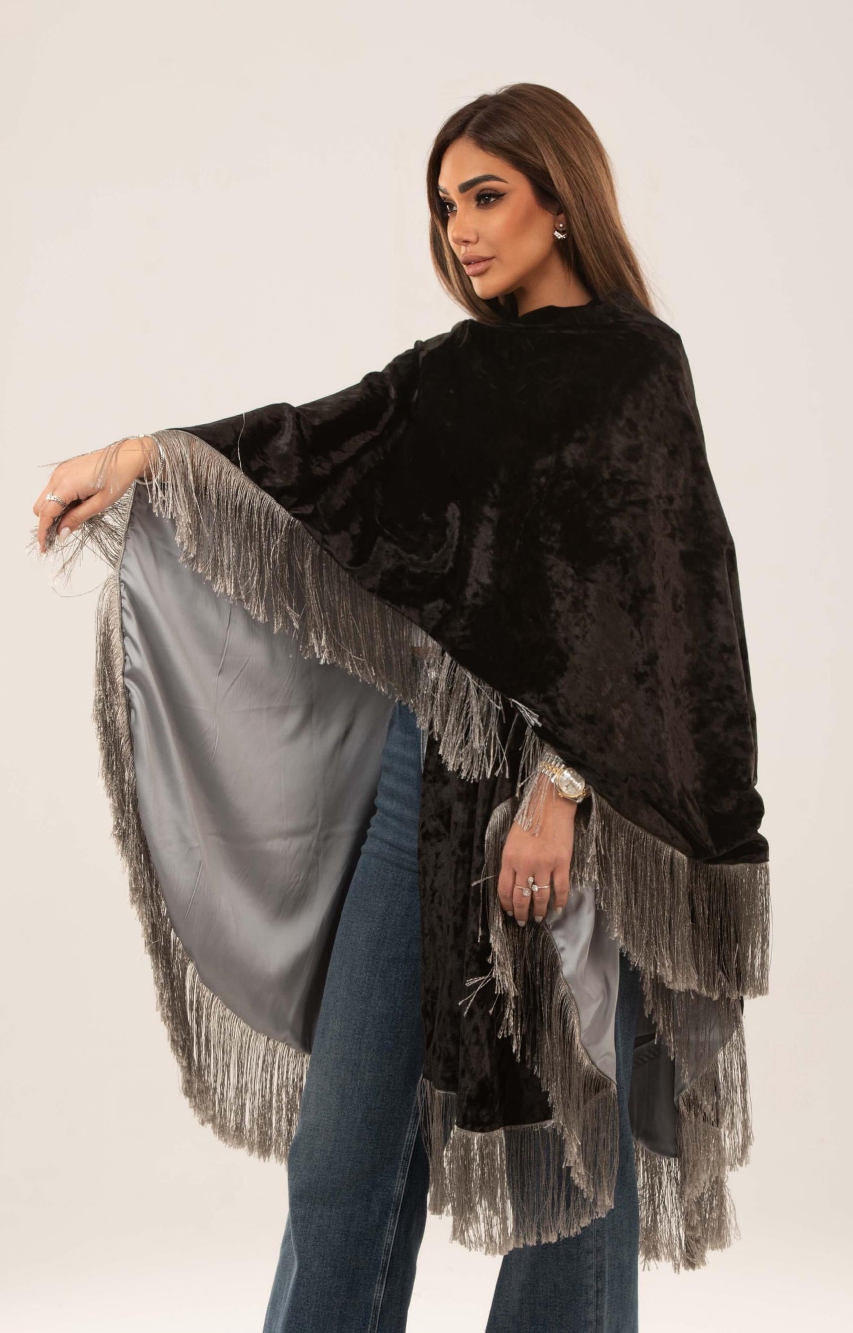 Velora Fringed velvet satin cape