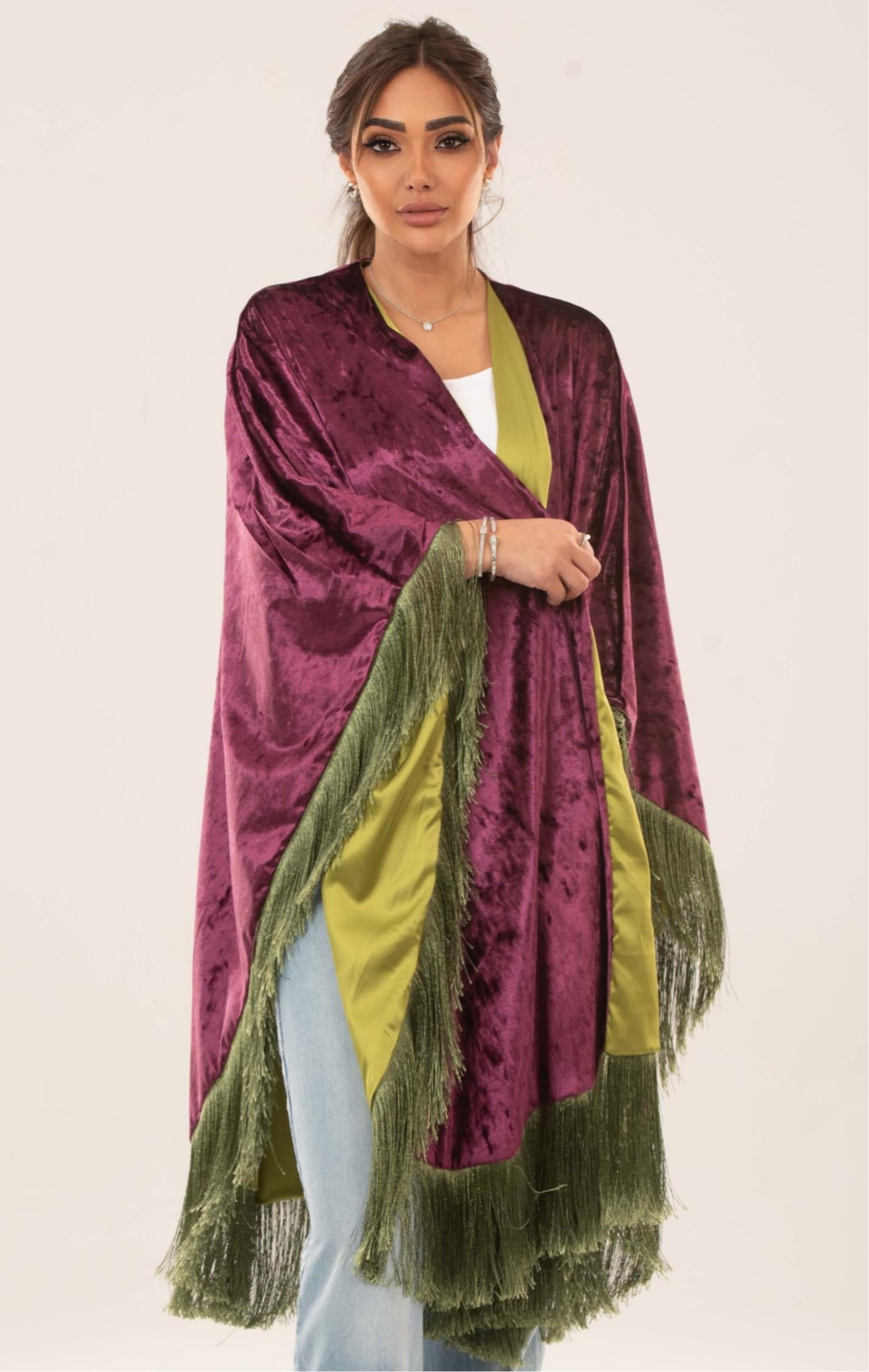 Velora Fringed velvet satin cape
