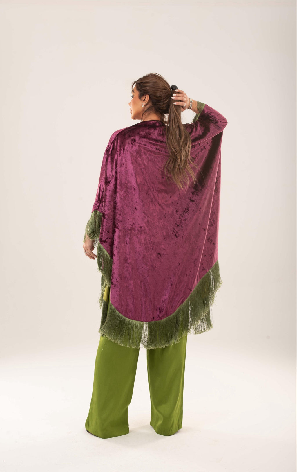 Velora Fringed velvet satin cape