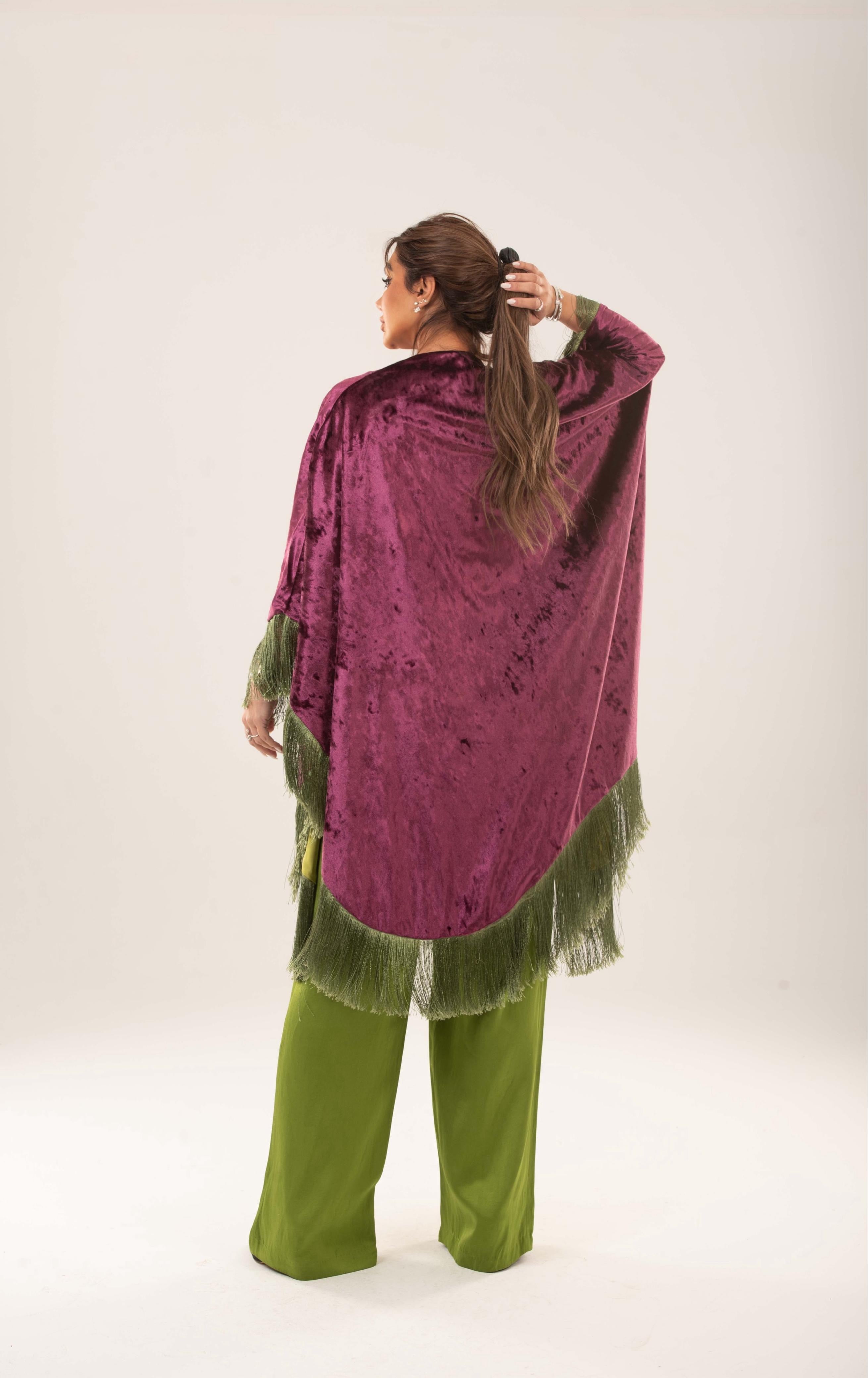 Velora Fringed velvet satin cape