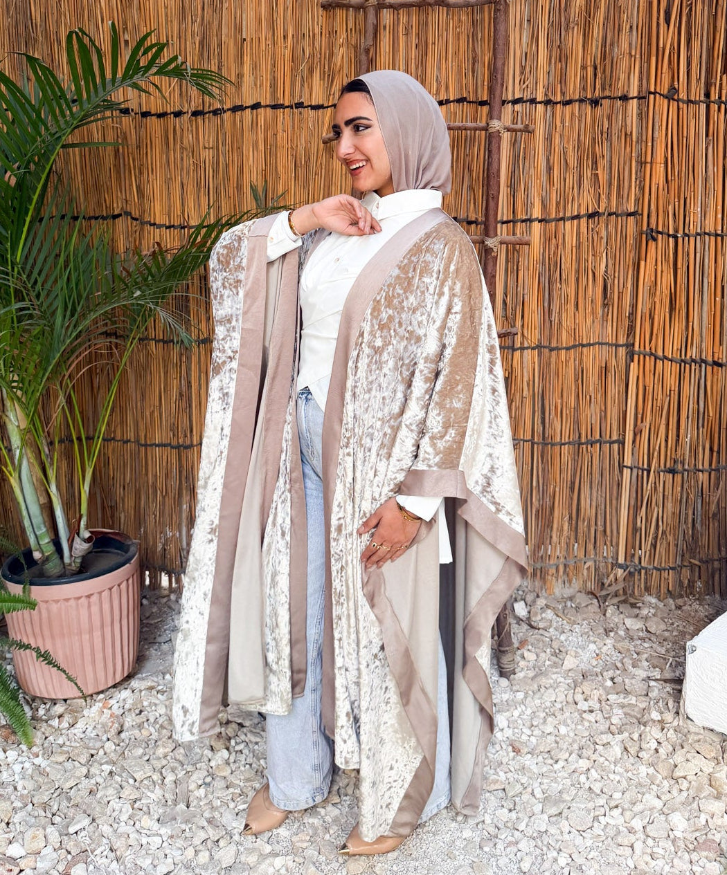 Majesty Trim Velvet Kimono - Beige