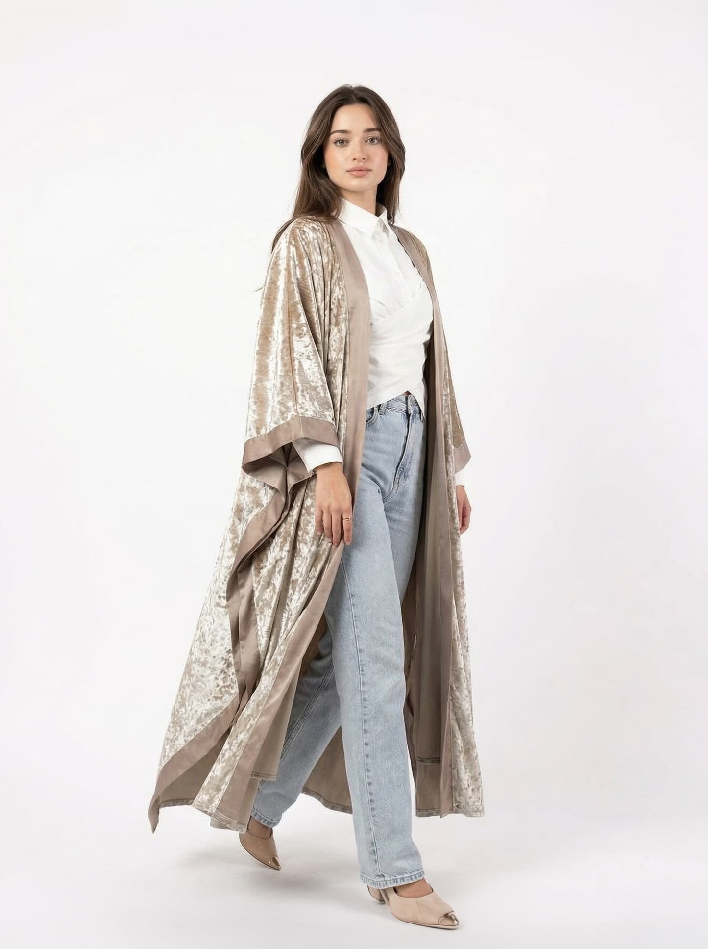 Majesty Trim Velvet Kimono - Beige