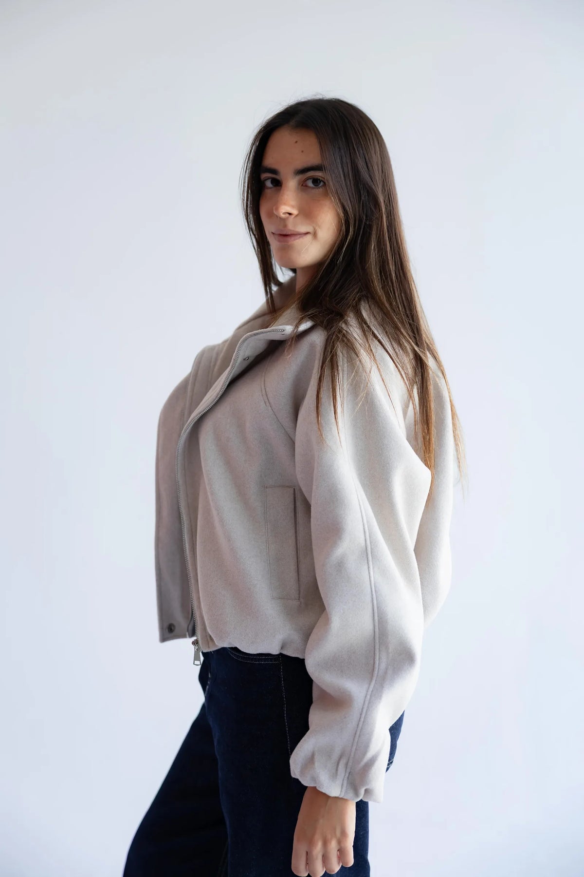 Stone beige funnel-neck bomber jacket - side view