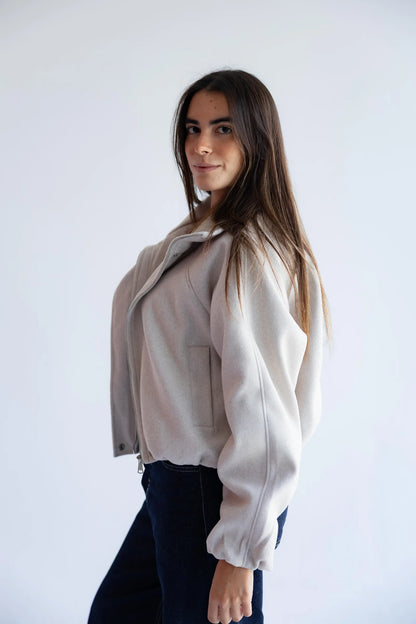 Stone beige funnel-neck bomber jacket - side view