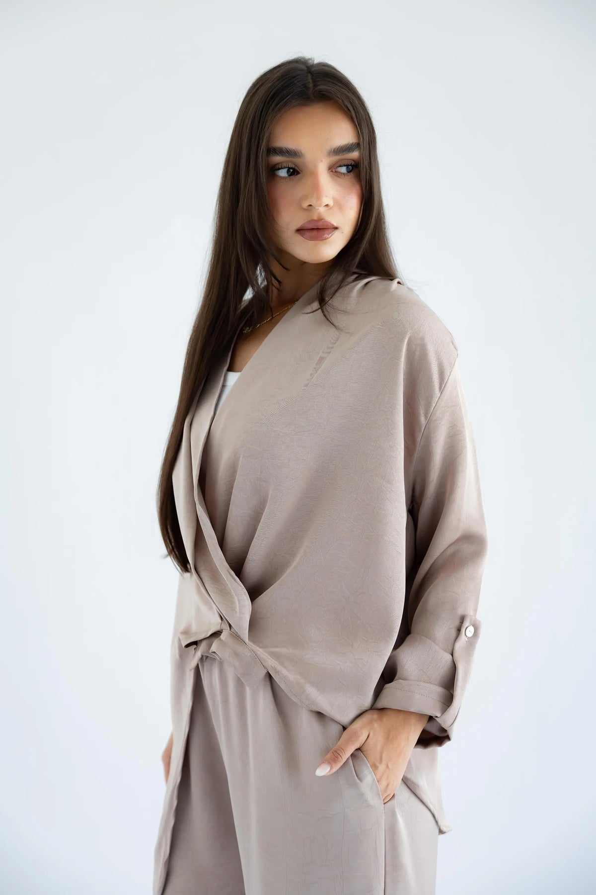 Sand beige draped asymmetric satin set - front view