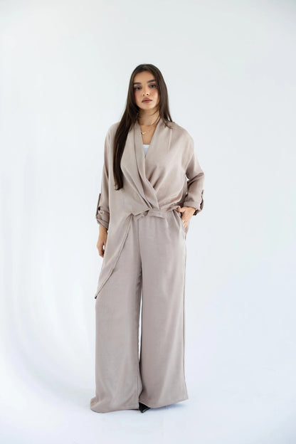 Sand beige satin wrap top and wide-leg trousers - full length
