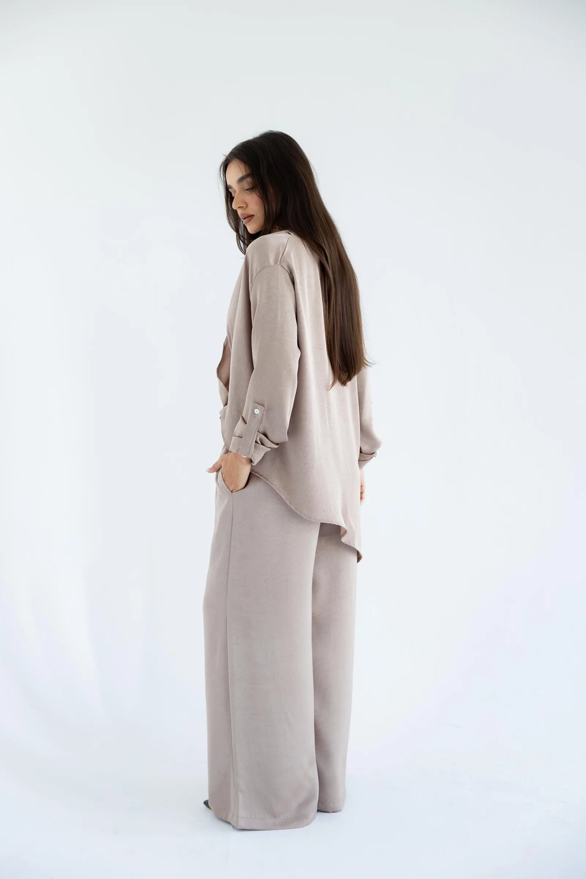 Sand beige satin set - back view with high-low hem