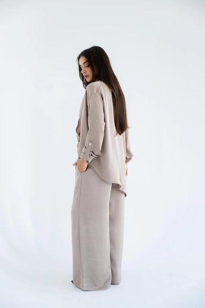 Sand beige satin set - back view with high-low hem