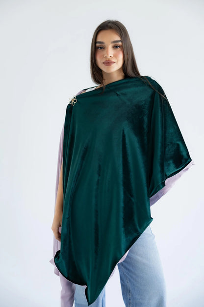 Emerald x dusty pink velvet shawl - three-quarter view