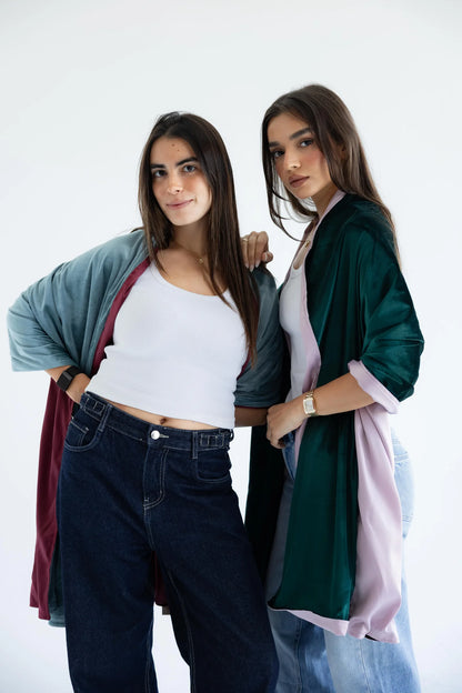 PIA velvet shawls in emerald x dusty pink and sage x wine