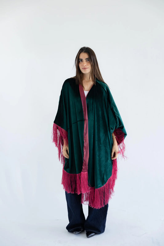 Emerald velvet fringed cape - full length