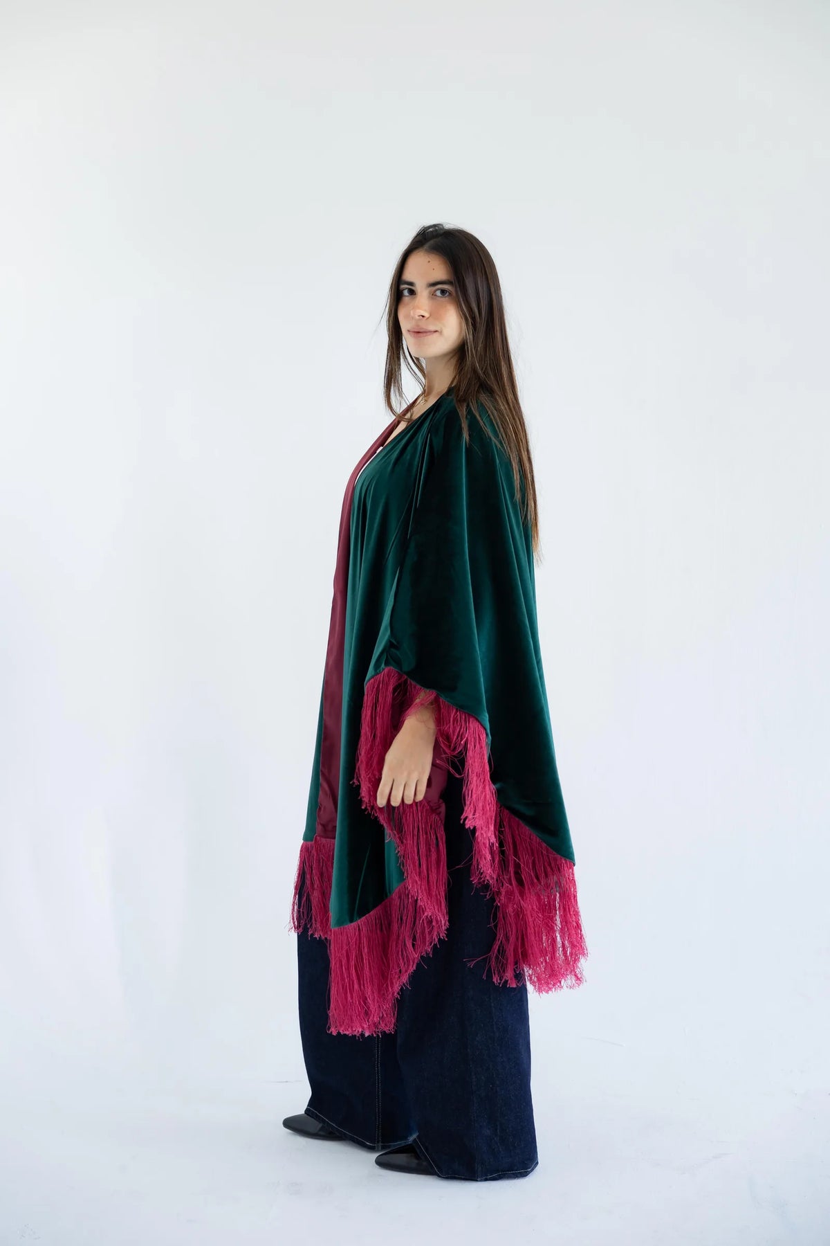 Emerald velvet fringed cape - side view