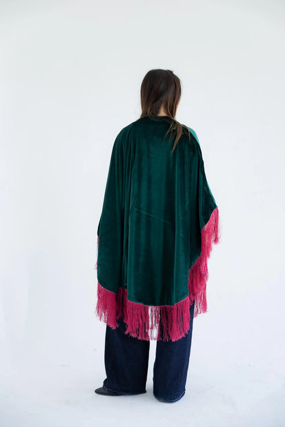 Emerald velvet fringed cape - back view