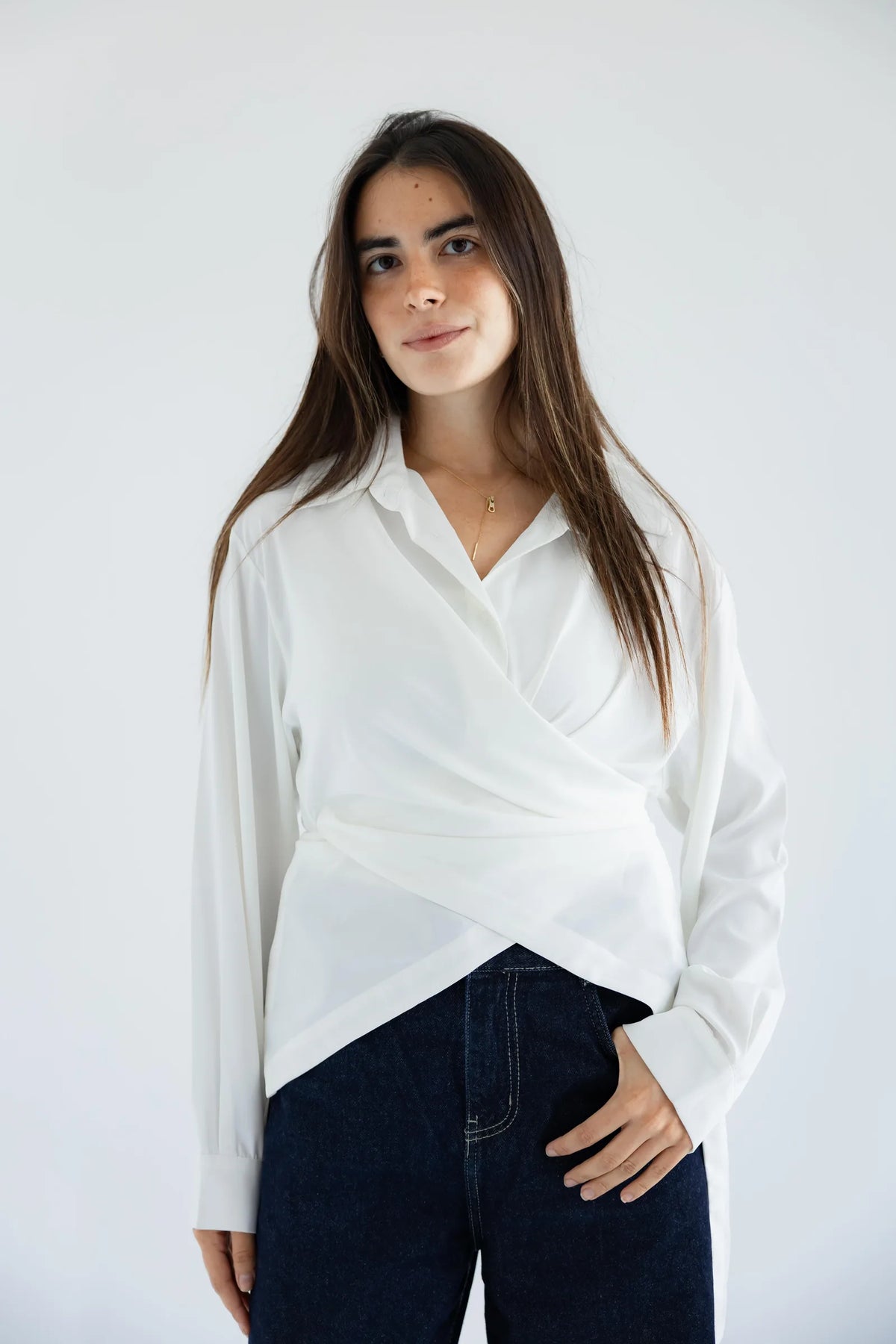 Women's white cross-wrap shirt - front view