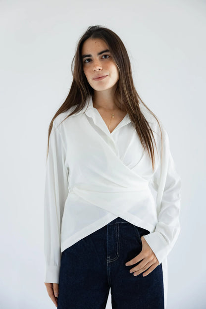Women's white cross-wrap shirt - front view