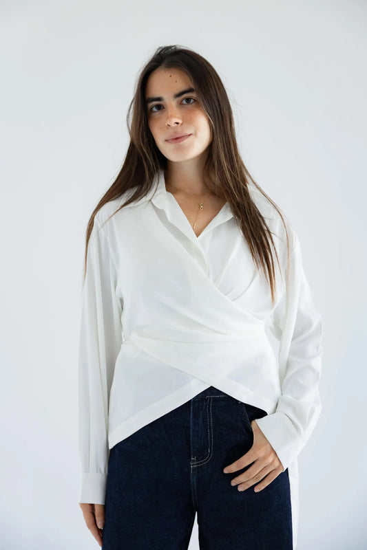 Women's white cross-wrap shirt - front view
