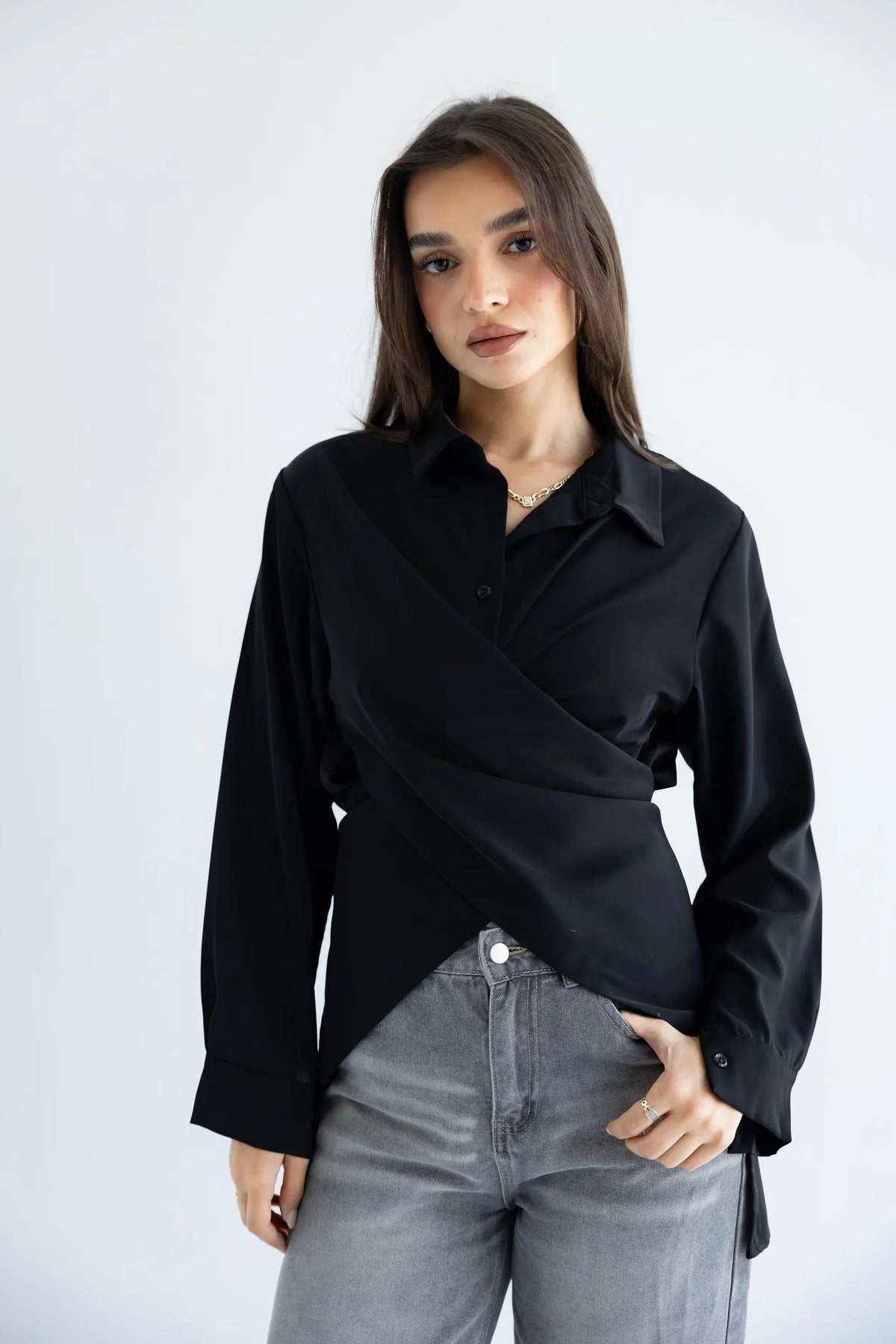 Women's black cross-wrap shirt - front view