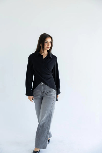 Black wrap shirt with grey jeans - full length