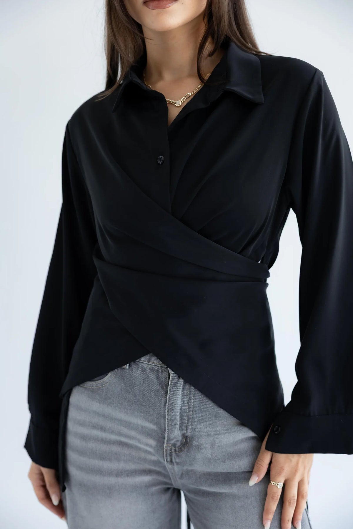 Close-up of the crossover wrap front and collar