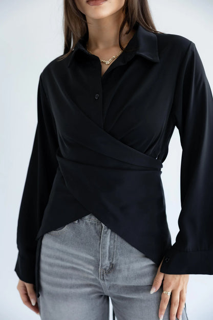 Close-up of the crossover wrap front and collar