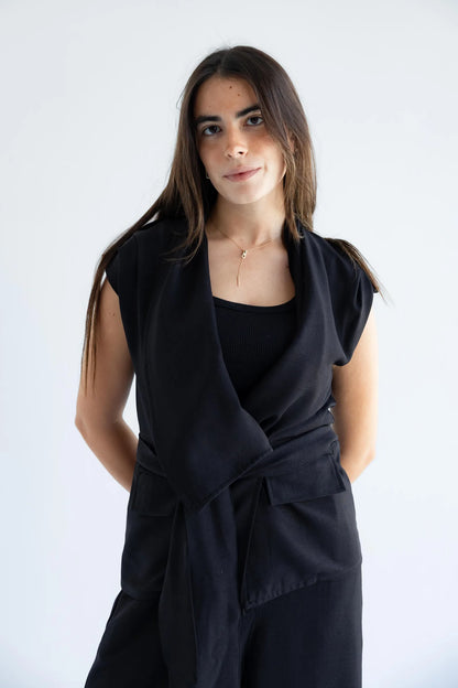 Black linen-blend belted wrap vest set - front view